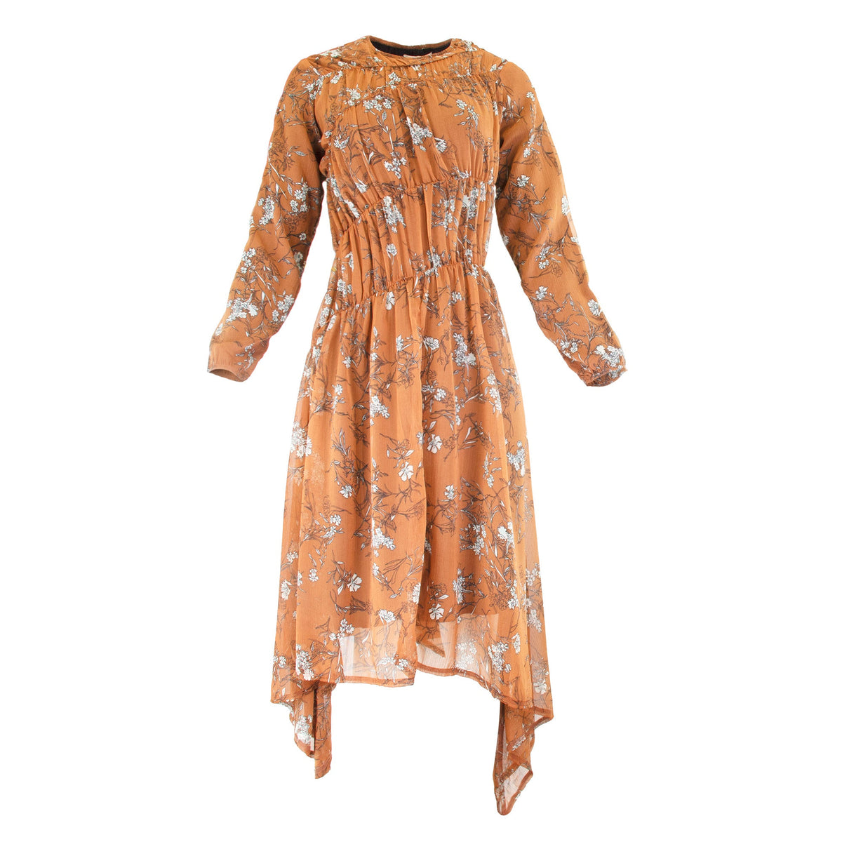 Floral rust dress by Profile NYC featuring a stylish design, lightweight fabric, and a flattering fit for casual or semi-formal wear.