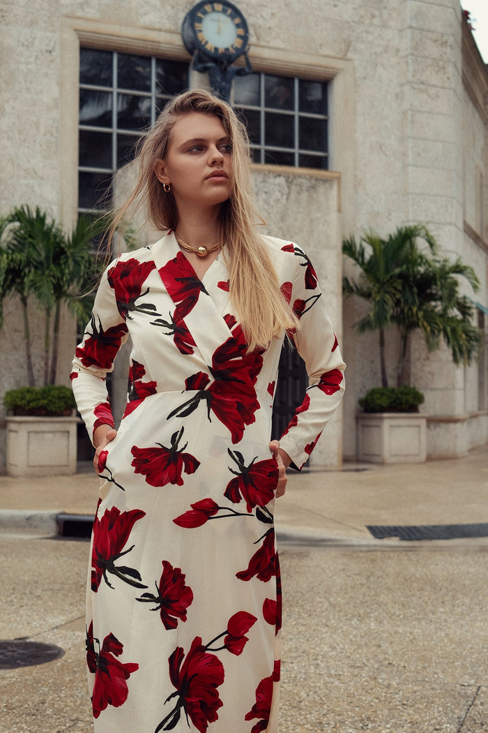 Rose faux wrap dress by profile-nyc, showcasing a stylish dress with a flattering wrap design and floral rose print.