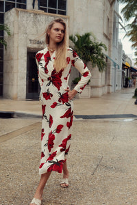 Rose faux wrap dress by profile-nyc, featuring a elegant neckline and draped fabric, perfect for stylish occasions.