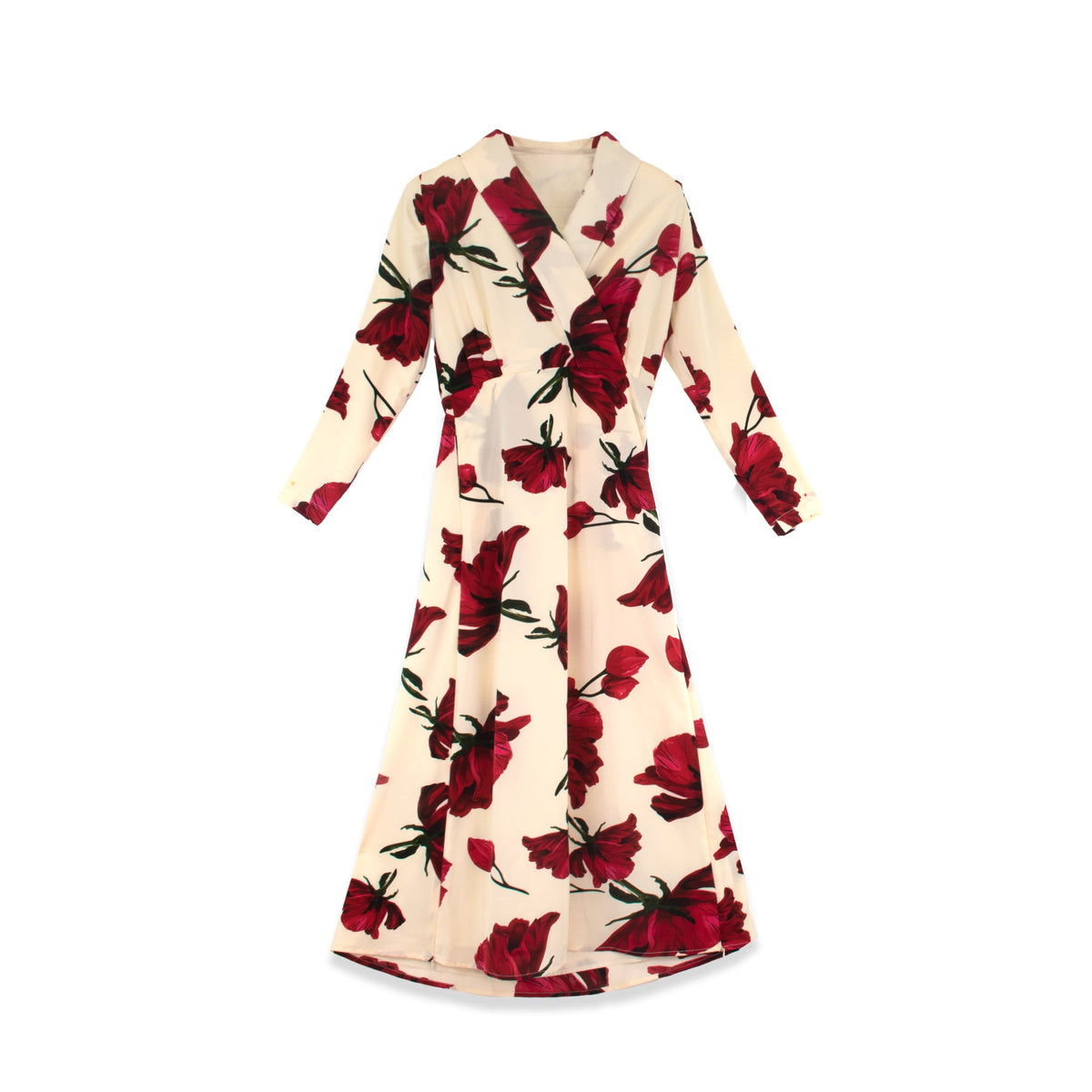Rose faux wrap dress by profile-nyc, showcasing a stylish dress with a flattering wrap design and floral rose pattern.