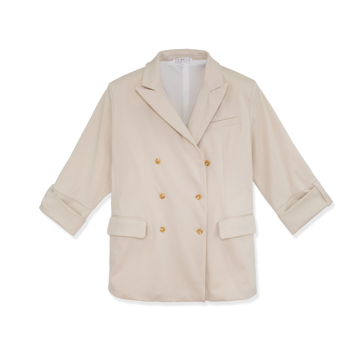 Light beige stretch summer blazer by Profile NYC, shown on a hanger with a tailored fit and lightweight fabric.