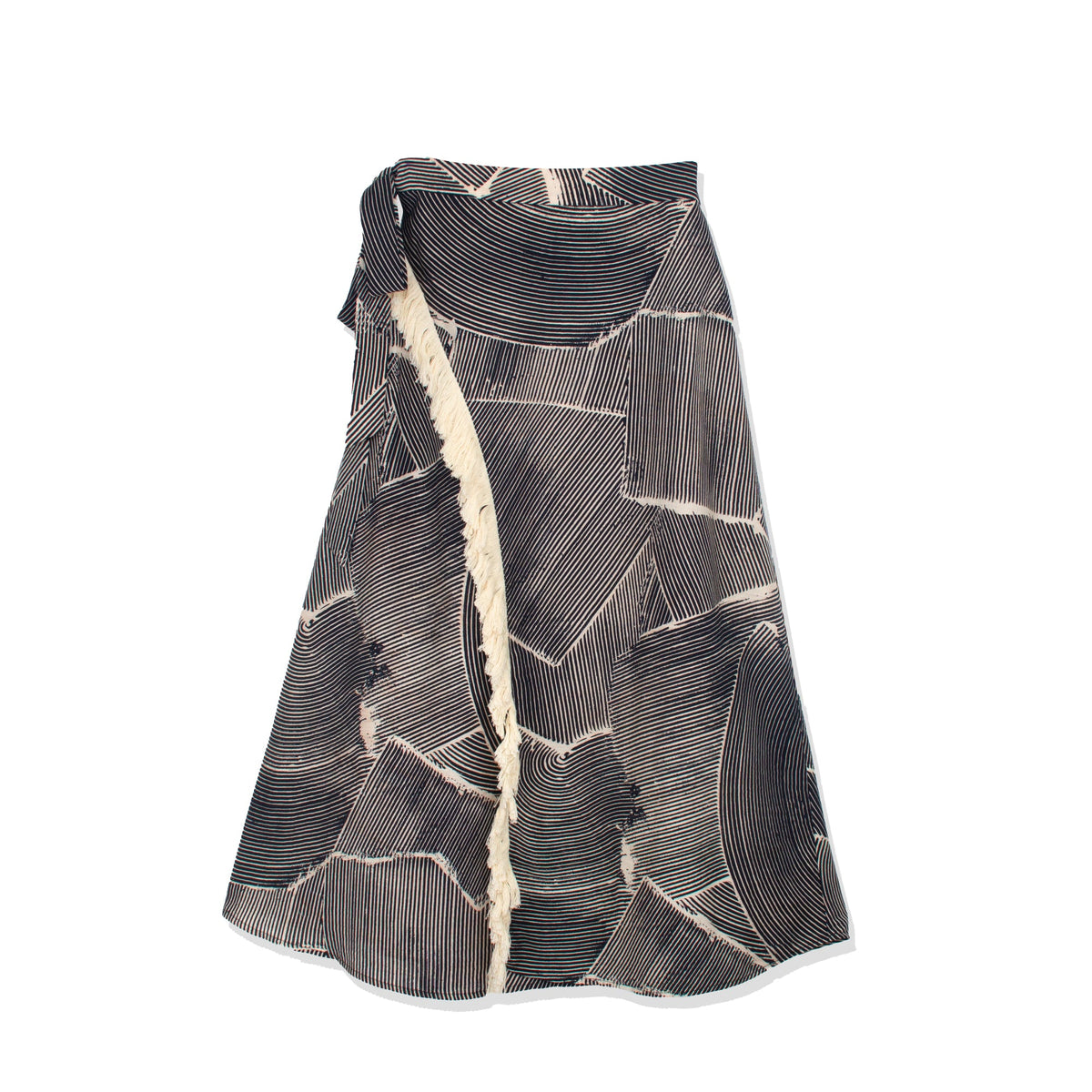 Faux wrap fringe skirt by profile-nyc featuring layered fringe details and a stylish wrap design, shown in a natural fabric.