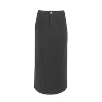 Black straight stretch skirt by Profile NYC, fitted design with a smooth waistband and knee-length style.