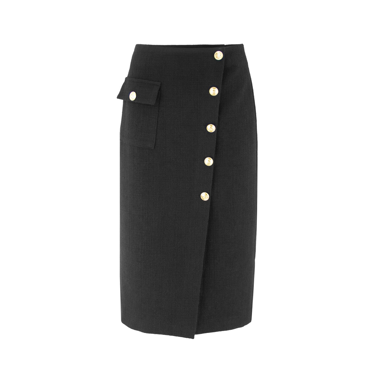 Wool button skirt by Profile NYC, showcasing a stylish high-waisted design with button details and a tailored fit.