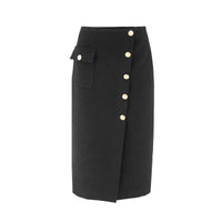 Wool button skirt by Profile NYC, showcasing a stylish high-waisted design with button details and a tailored fit.
