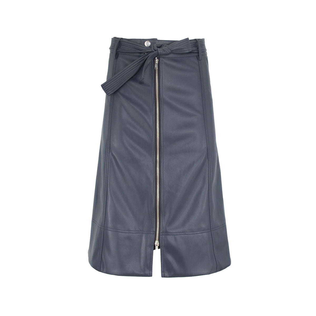 Black leather zipper skirt from Profile NYC with front zipper detail and fitted style.