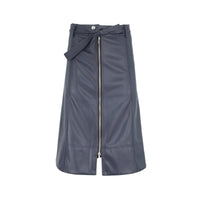 Black leather zipper skirt from Profile NYC with front zipper detail and fitted style.