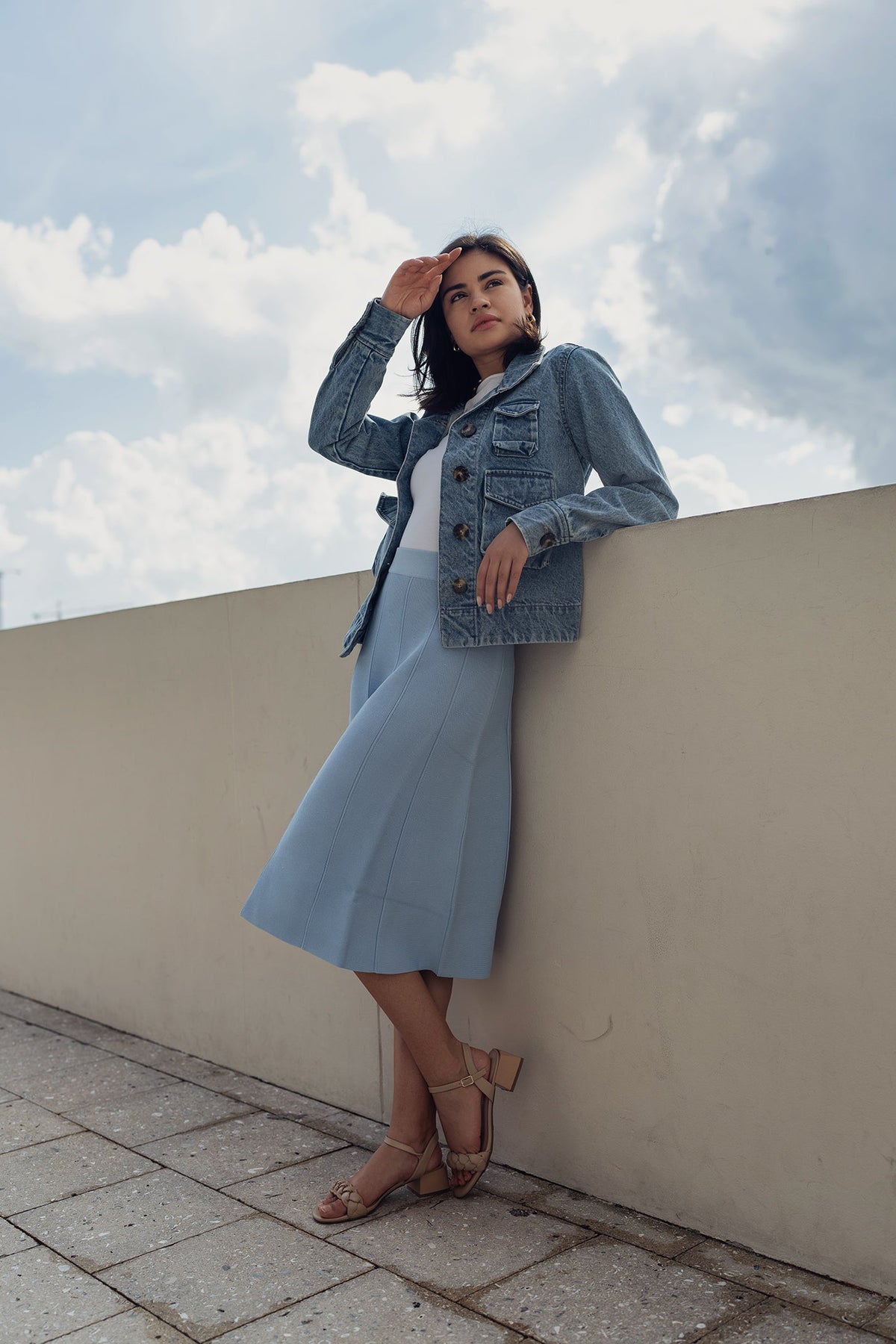 Sky blue summer seam skirt by Profile NYC featuring a lightweight, flowy design perfect for warm weather.