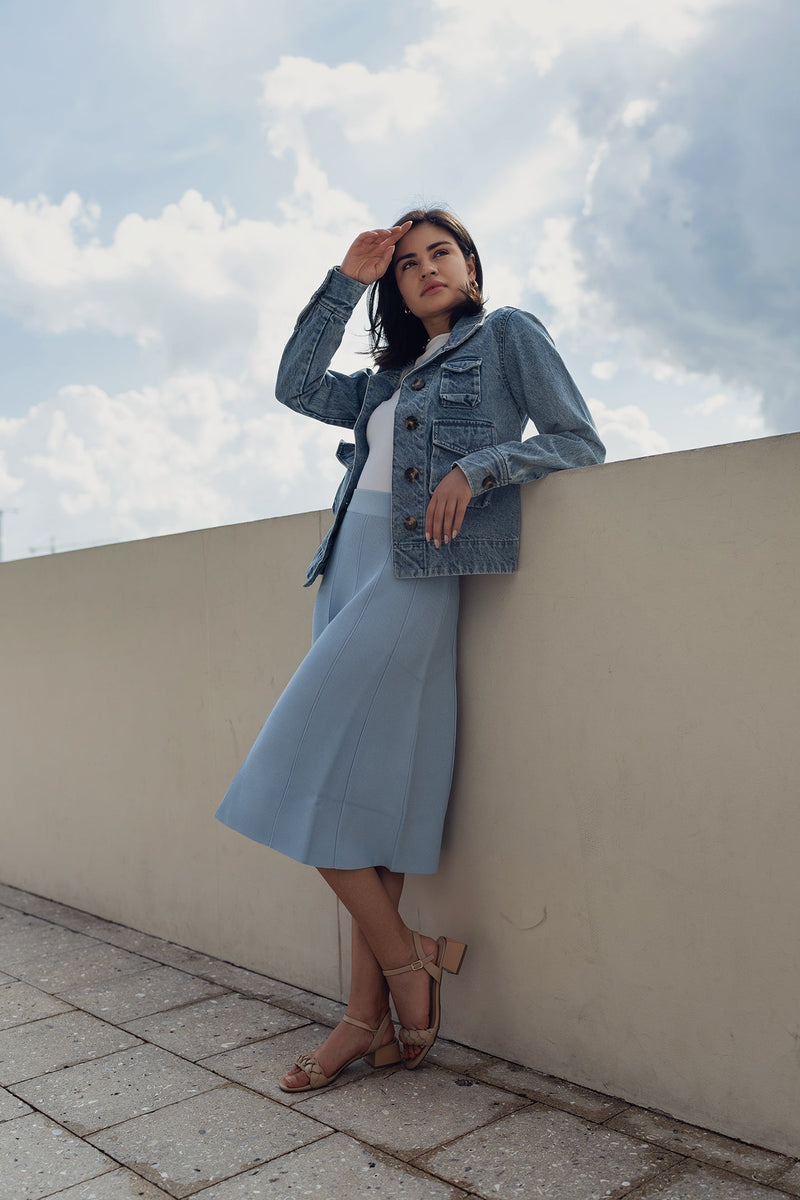 Sky blue summer seam skirt by Profile NYC featuring a lightweight, flowy design perfect for warm weather.