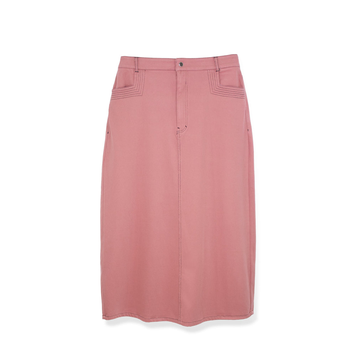 Colorful stretch denim skirt by Profile NYC, featuring a fitted design and vibrant fabric, shown on a model.