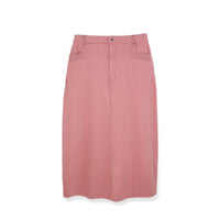 Colorful stretch denim skirt by Profile NYC, featuring a fitted design and vibrant fabric, shown on a model.