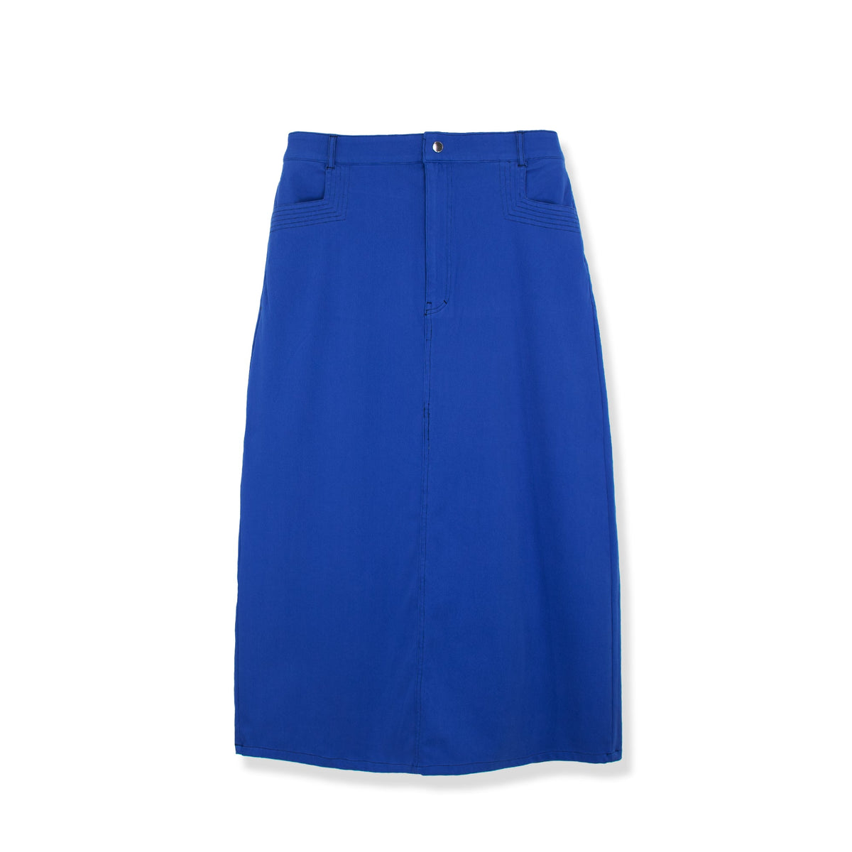 Colorful stretch denim skirt by profile-nyc, showing a fitted design with vibrant hues and a mid-length style.