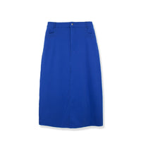 Colorful stretch denim skirt by profile-nyc, showing a fitted design with vibrant hues and a mid-length style.