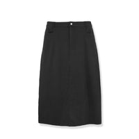 Colorful stretch denim skirt from Profile NYC featuring a fitted silhouette and vibrant blue and pink hues.