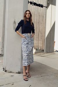 Printed bucket pocket skirt by profile-nyc, showing a stylish skirt with a bucket pocket design and vibrant print pattern.
