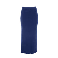 Ribbed knit straight skirt from Profile NYC in neutral color, showcasing its fitted silhouette and textured fabric.