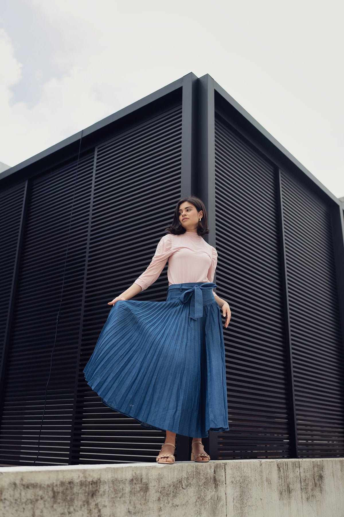 TENCEL drop waist pleated skirt by profile-nyc, shown in soft fabric with a flowing, feminine design and pleated detailing.