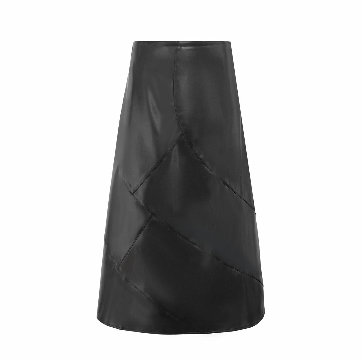 Black leather seam skirt by Profile NYC, stylish and fitted with seam details, shown from the bottom view.