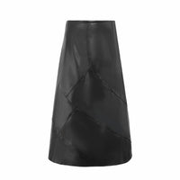 Black leather seam skirt by Profile NYC, stylish and fitted with seam details, shown from the bottom view.