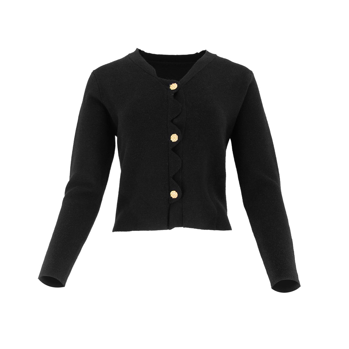 Scallop knit cardigan sweater by Profile NYC featuring a textured pattern and scalloped edges in soft, cozy fabric.