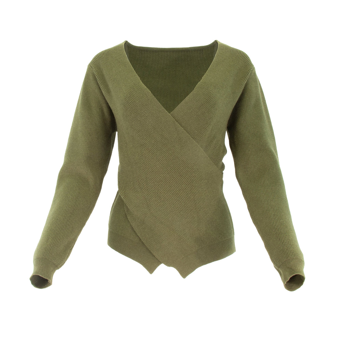 Cream-colored faux wrap sweater by profile-nyc, featuring a cozy fit and stylish V-neck design.