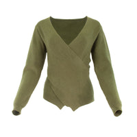 Cream-colored faux wrap sweater by profile-nyc, featuring a cozy fit and stylish V-neck design.