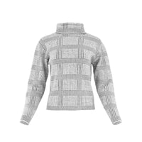 Close-up of a cozy knit turtleneck sweater by Profile NYC, showing the textured fabric and high collar detail.