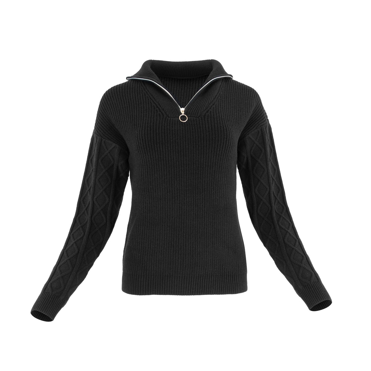 Cable knit zipper sweater from Profile NYC featuring a cozy, textured knit design and a front zipper closure.