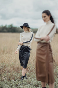 Navy turtleneck sweater with leather shoulder detail from Profile NYC, featuring a cozy fit and stylish design.