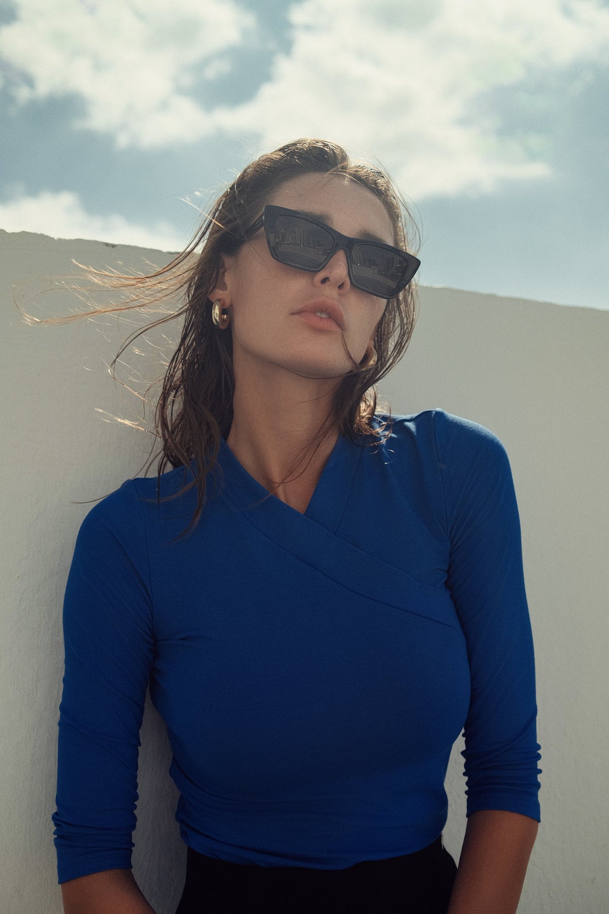 Faux wrap modal T-shirt by profile-nyc, showing a stylish soft fabric design with a flattering wrap detail in a casual fit.