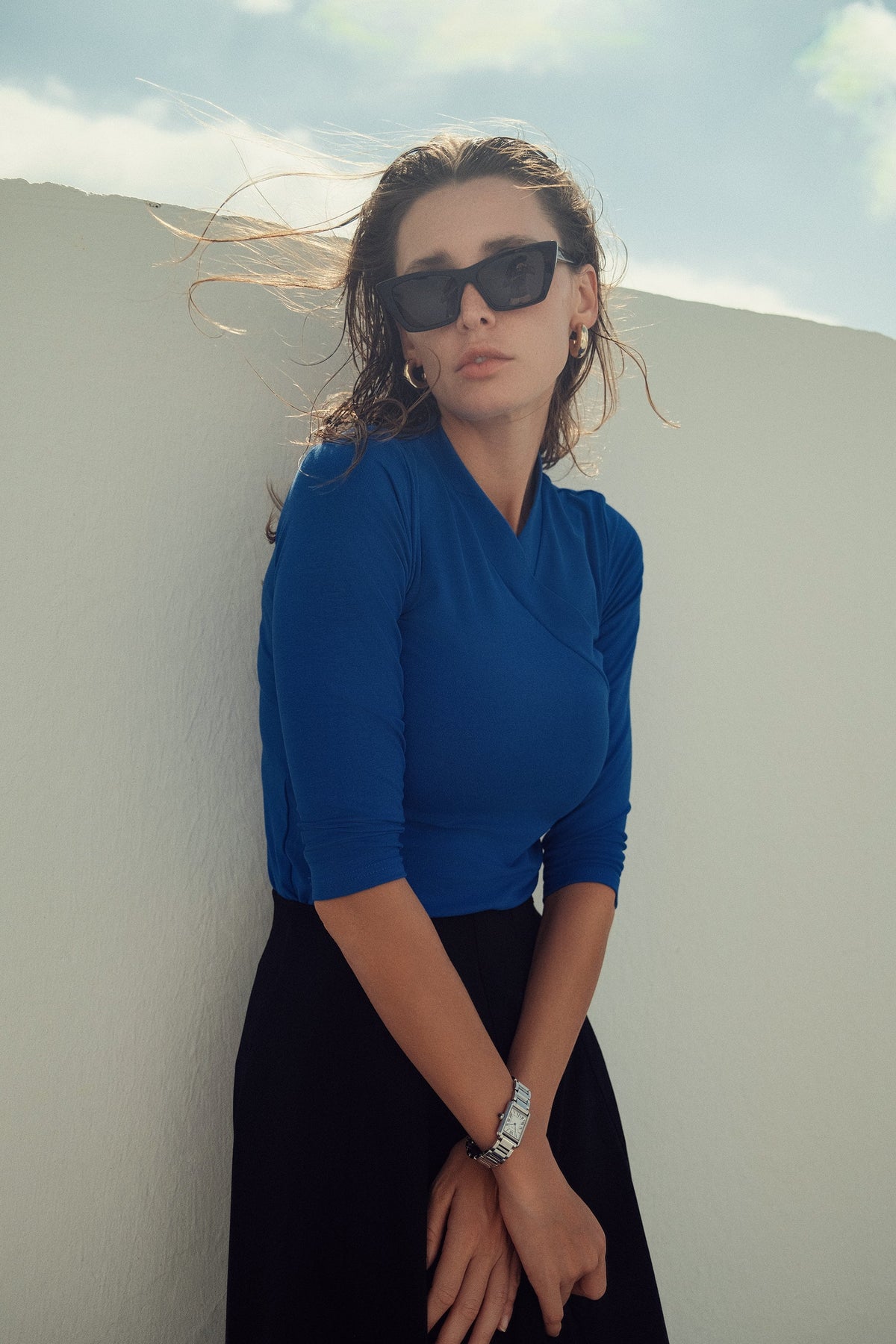 Faux wrap modal T-shirt by Profile NYC featuring a relaxed fit and soft fabric in a neutral color.