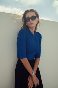 Faux wrap modal T-shirt by Profile NYC featuring a relaxed fit and soft fabric in a neutral color.