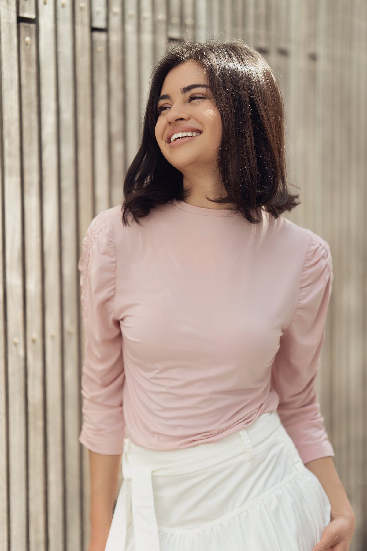 Profile NYC modal ruched T-shirt, a stylish top with gathered fabric detail, displayed on a plain background.