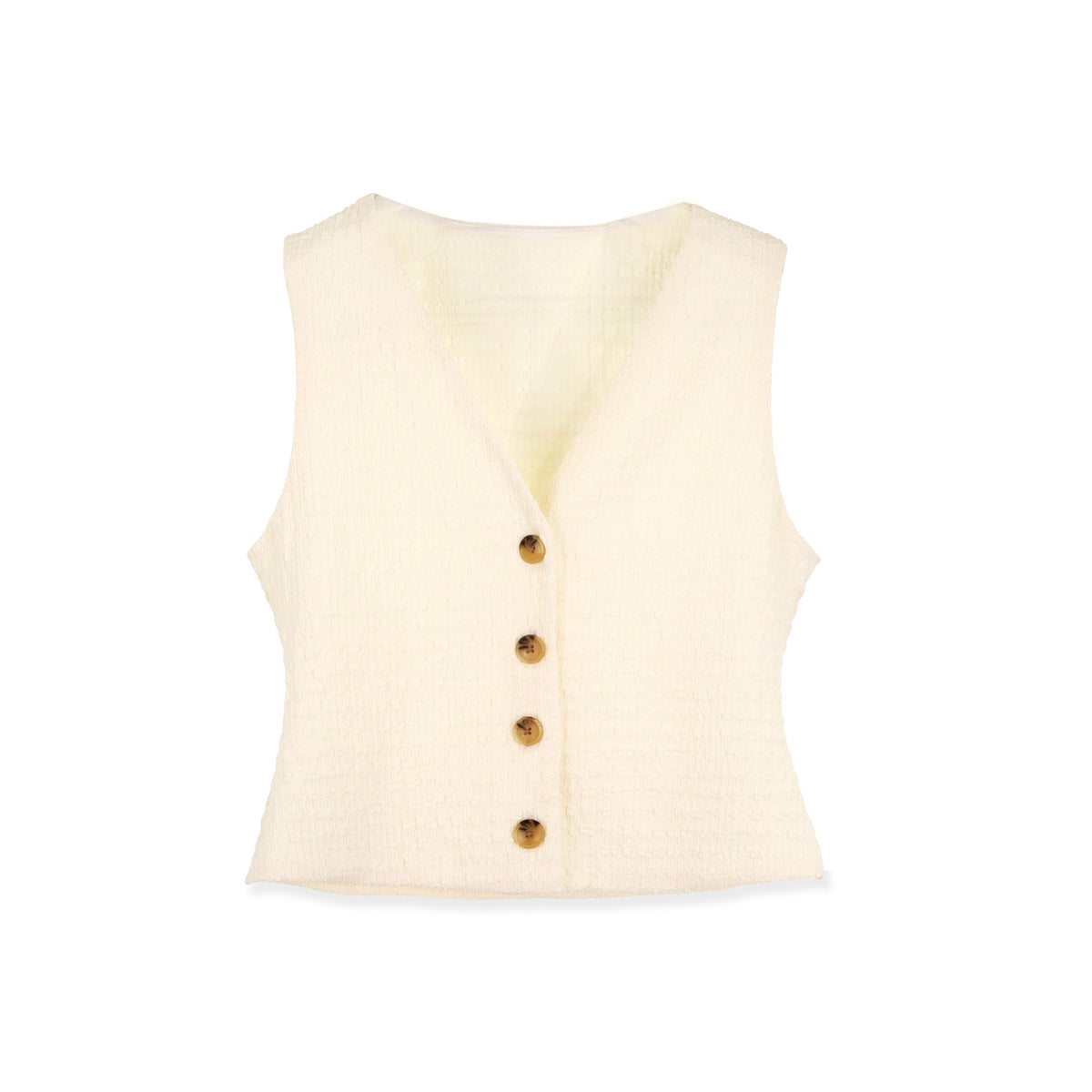 Crinkle cream vest by Profile NYC, a stylish sleeveless top with textured fabric, shown on a model.