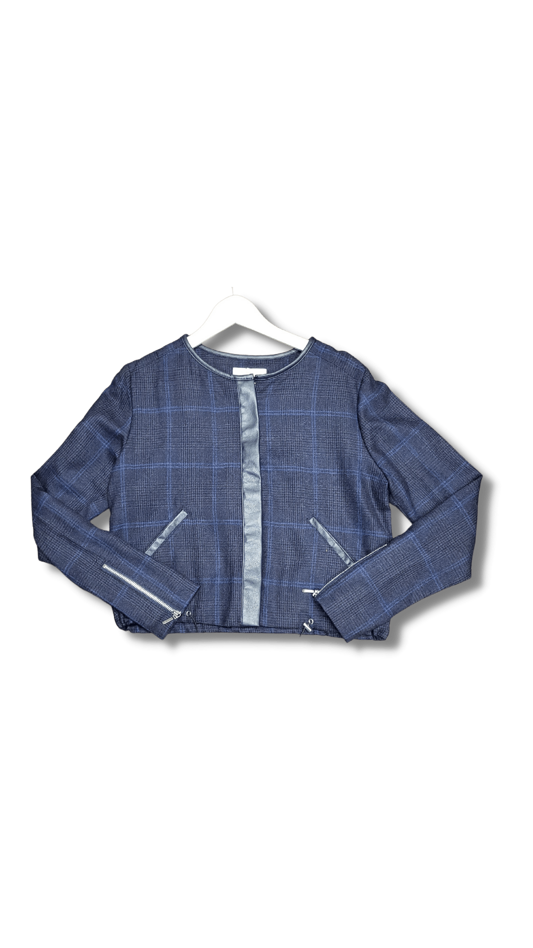 Profile NYC wool and leather jacket displaying a stylish, textured design with a tailored fit and classic collar.