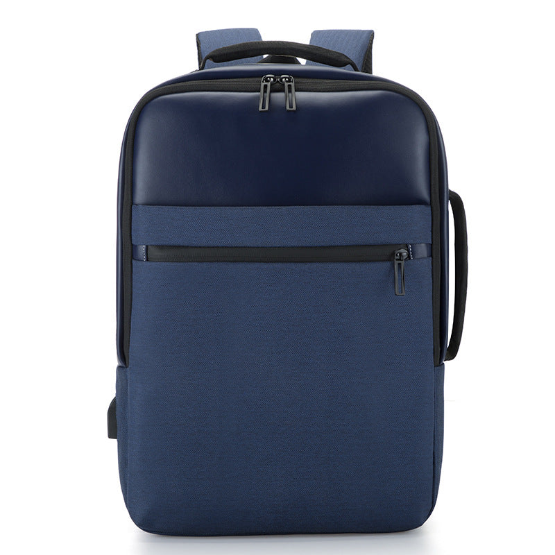 Blue men's Rirati retro leather waterproof backpack with multiple compartments, designed for computer carrying and stylish urban use.