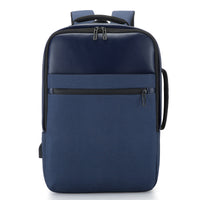Blue men's Rirati retro leather waterproof backpack with multiple compartments, designed for computer carrying and stylish urban use.