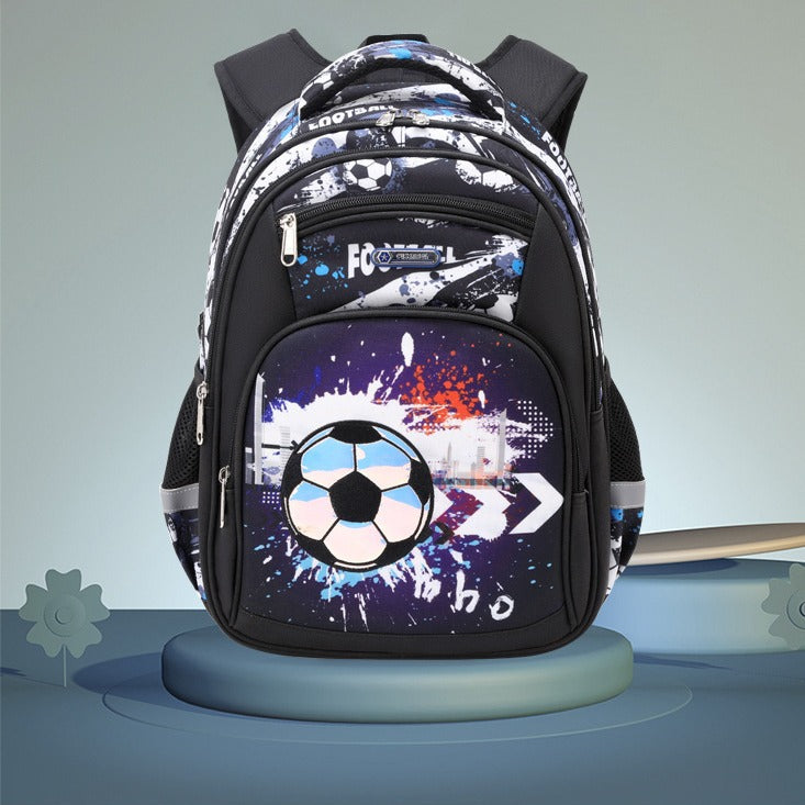 Blue Rirati elementary school students' football-themed schoolbag with large capacity and spine protection for young students.