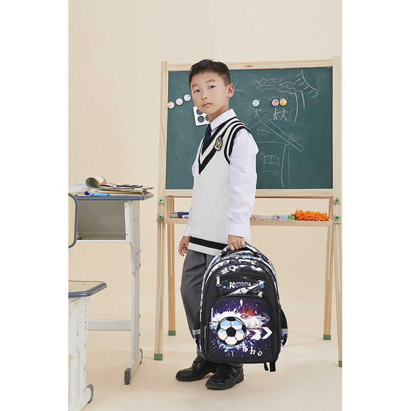 Blue Rirati football-themed schoolbag for elementary students with large capacity and spine protection, designed for school use.