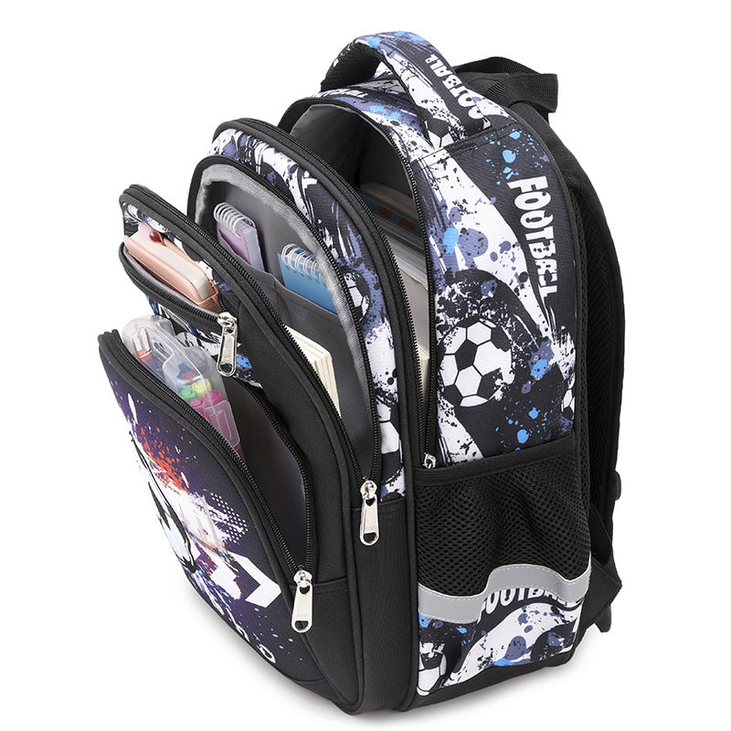 Blue Rirati football-themed elementary school students' schoolbag with large capacity and spine protection for young students.