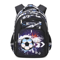 Blue Rirati elementary school backpack with football design, large capacity, spine protection, ideal for young students.