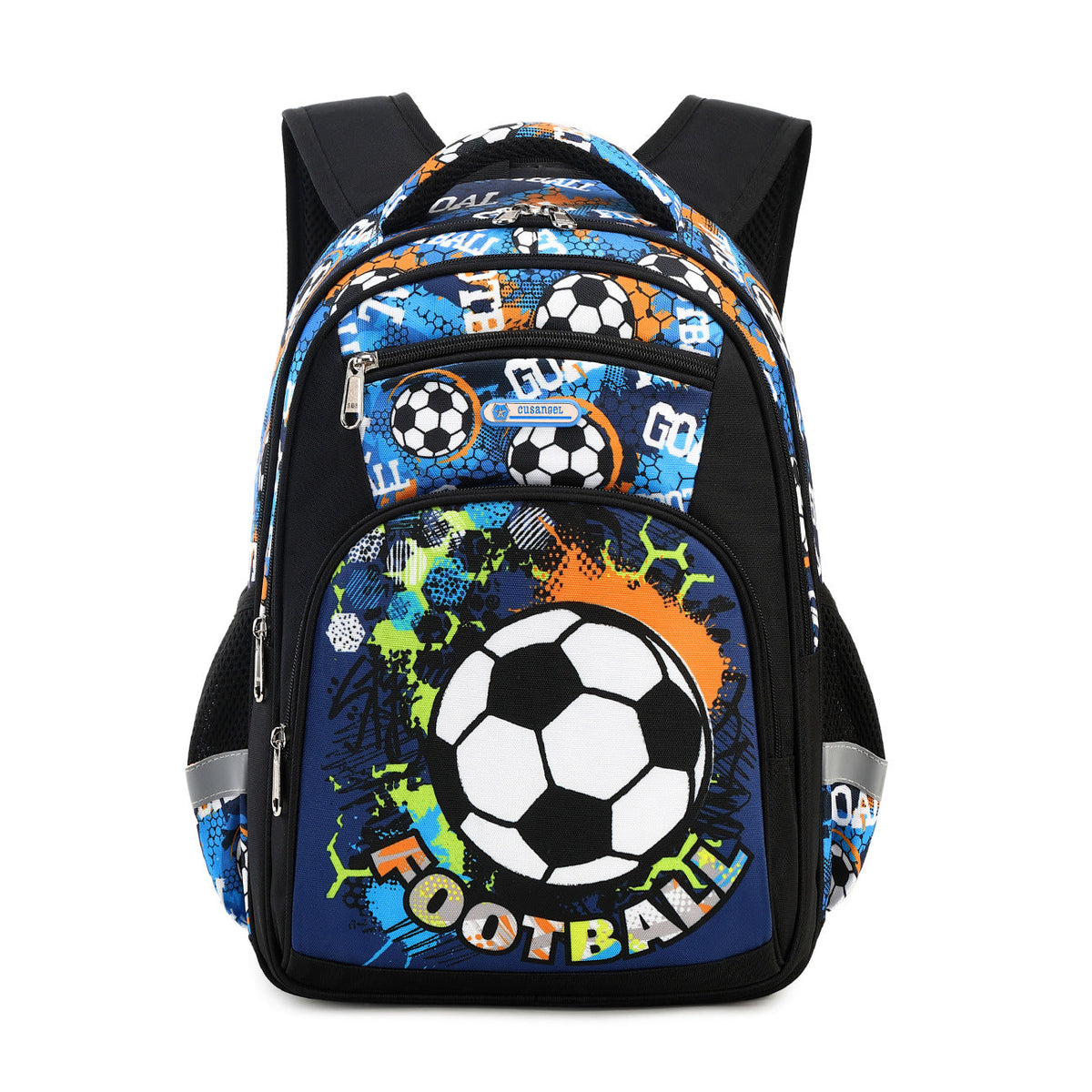 Blue Rirati football-themed elementary school students' schoolbag with large capacity and spine protection for young learners.