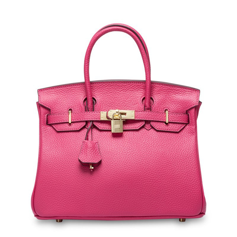 White women's leather handbag by Rirati, made from genuine cowhide, featuring a portable, strapless design and compact size.