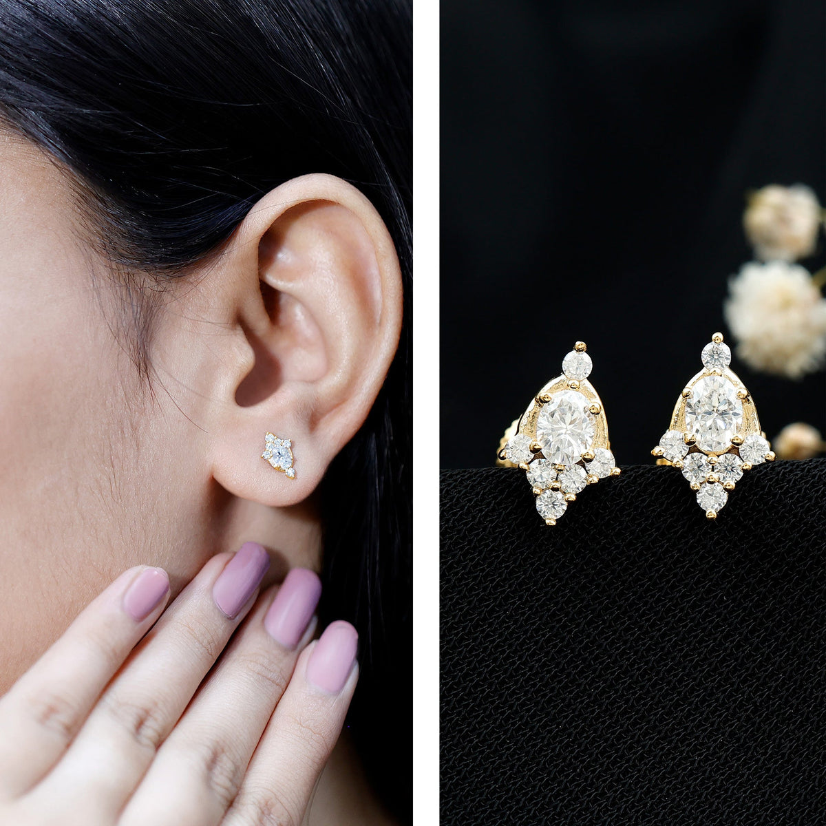 Rosec Jewels certified moissanite stud earrings in yellow gold-plated silver, featuring sparkling gemstone and classic earring design