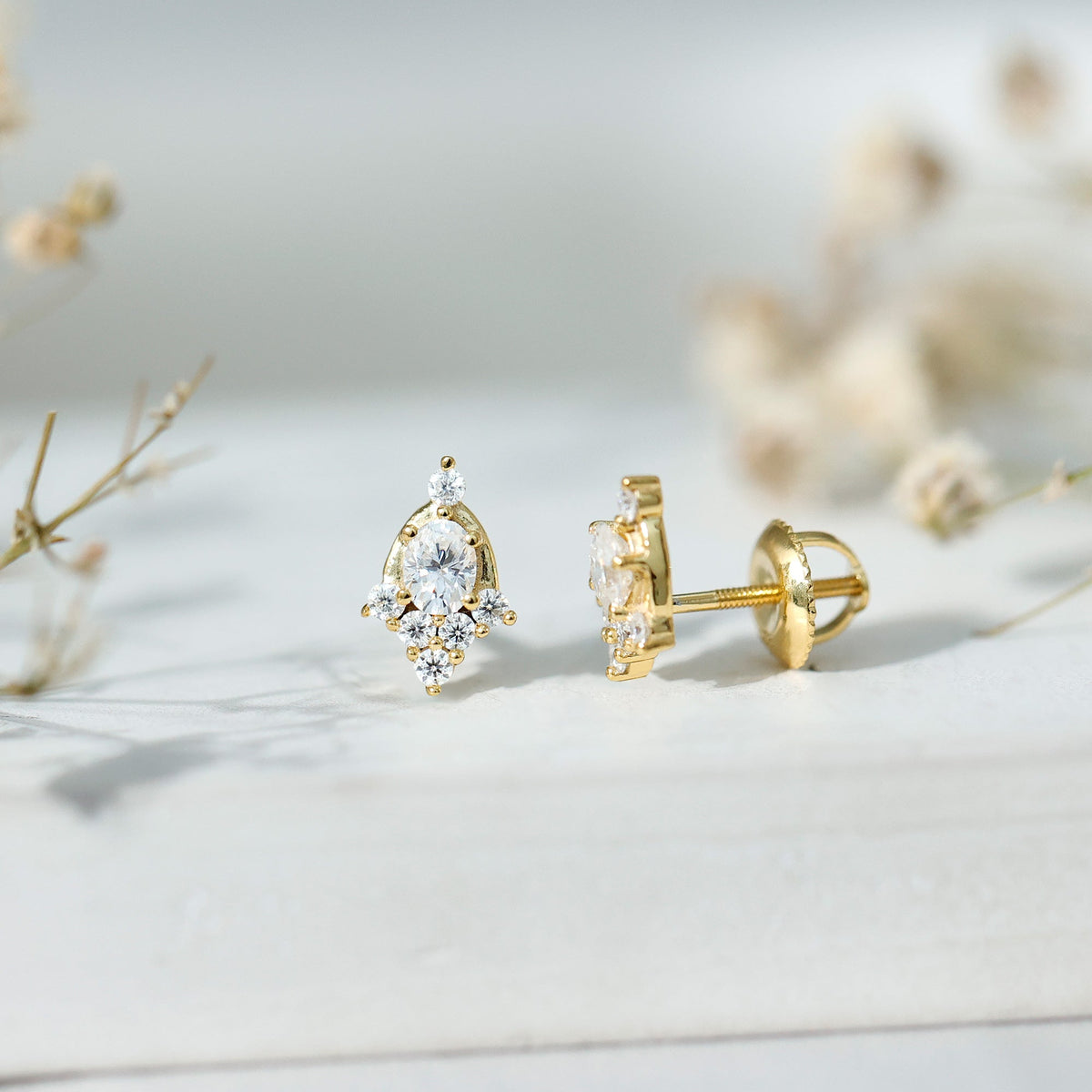 Certified Moissanite stud earrings in yellow gold plated silver with a sparkling gemstone, elegant jewelry by Rosec Jewels.