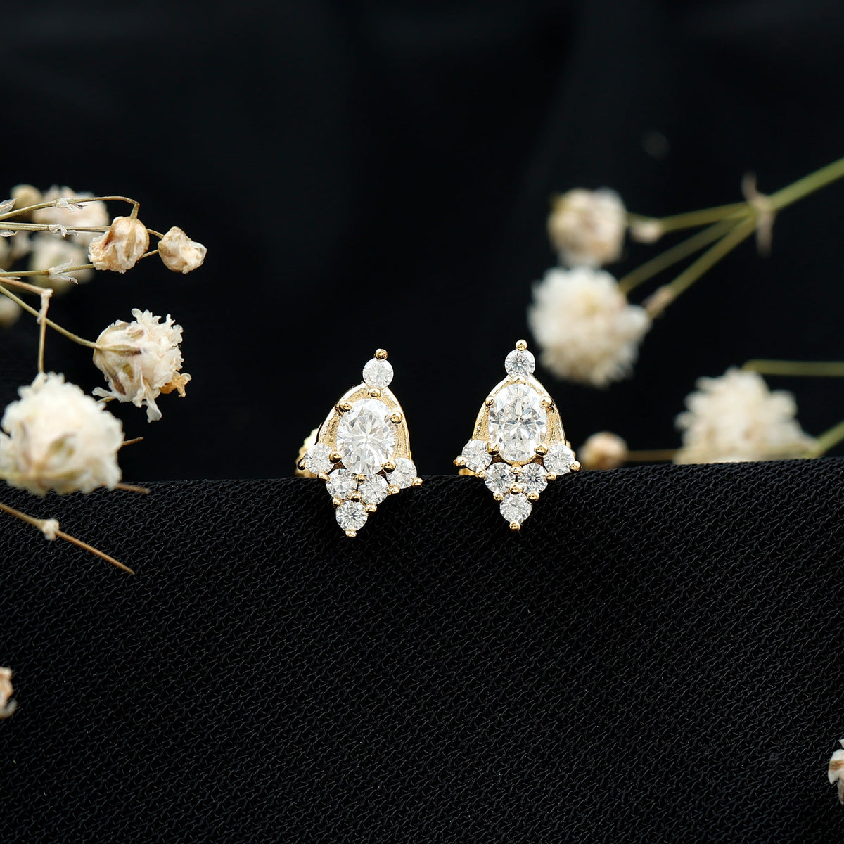 Rosec Jewels certified moissanite stud earrings in yellow gold plated silver, featuring sparkling gemstone and classic earring design.