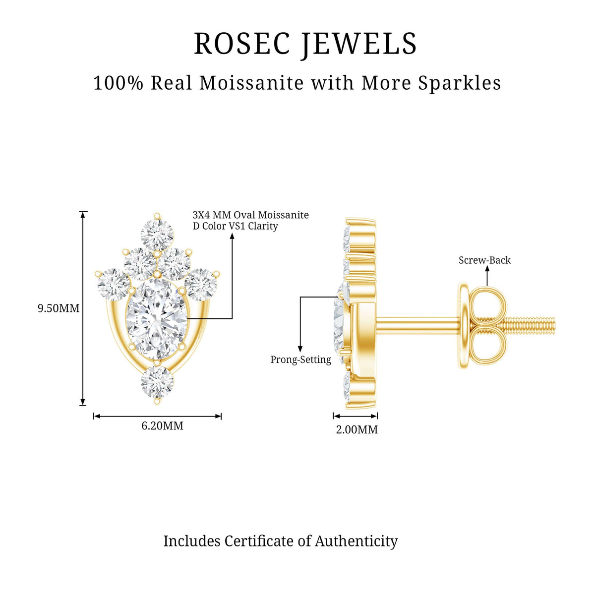 Rosec Jewels certified moissanite stud earrings in 14k yellow gold-plated silver, showcasing sparkling gemstone studs.