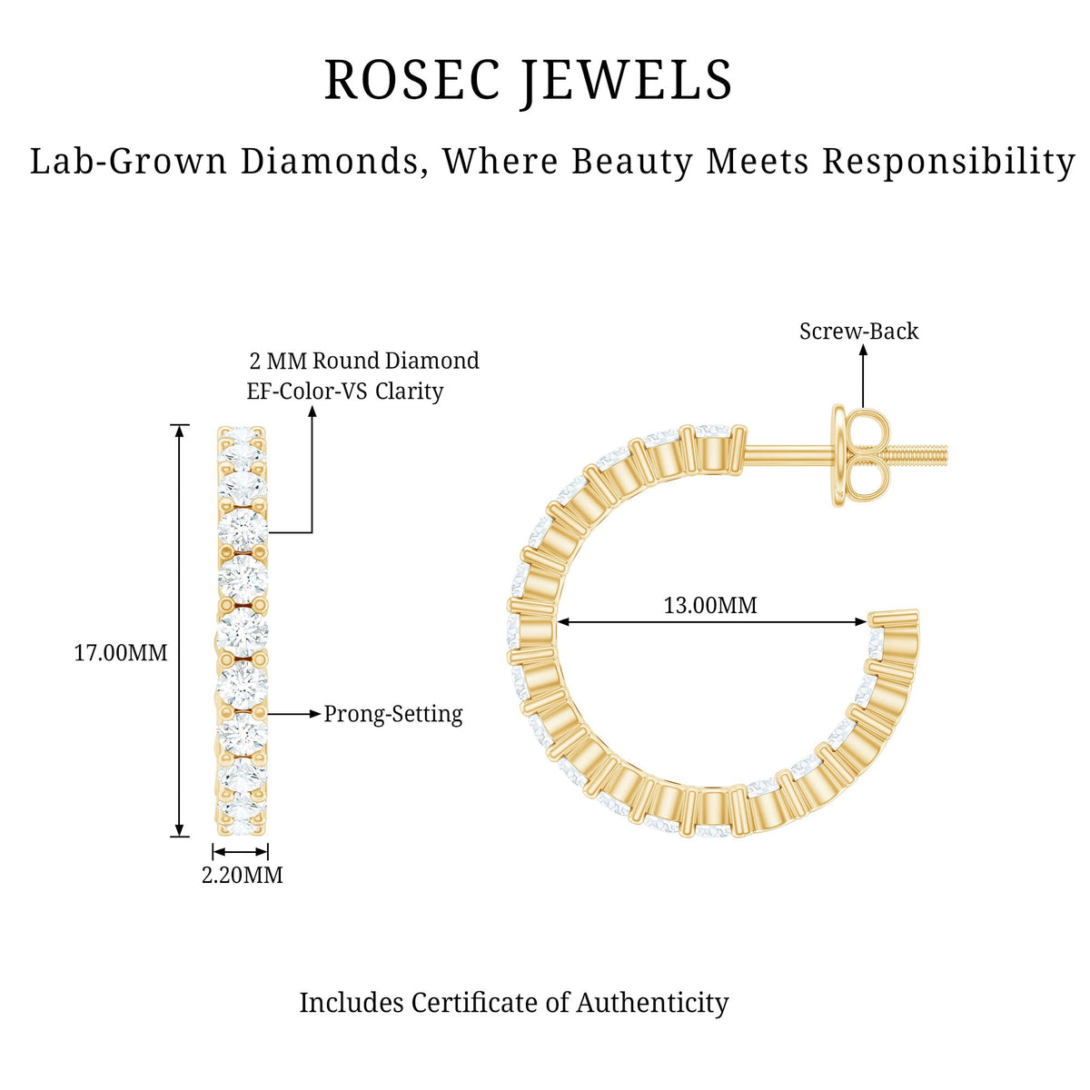 Rosec Jewels lab-grown diamond hoop earrings with screw back, sparkling round diamonds in a sleek hoop design.