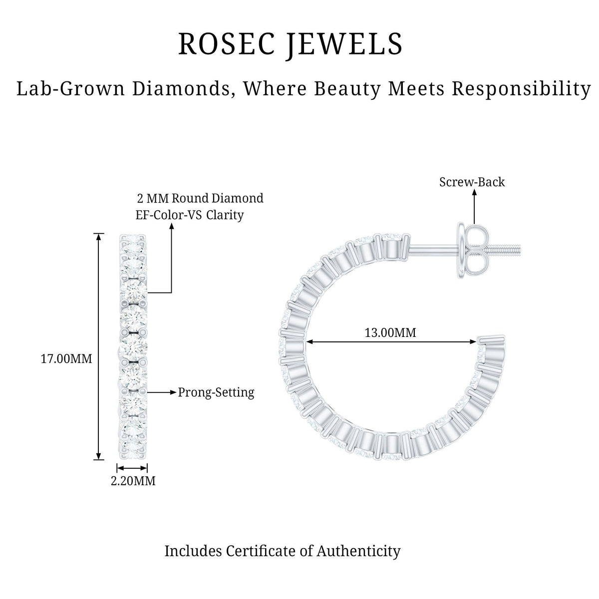 Rosec Jewels lab grown diamond hoop earrings with screw back, showcasing sparkling diamond-studded hoops on a white background.