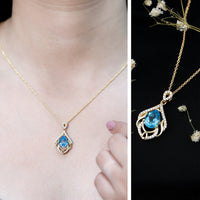 Swiss Blue Topaz pendant with lab diamond, 2.2 carats, elegant designer wedding necklace by Rosec Jewels.